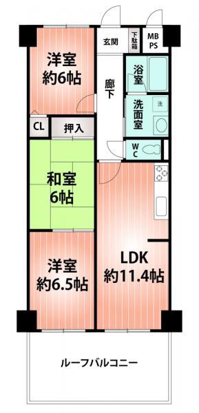 Floor plan. 3LDK, Price 8.8 million yen, Footprint 66 sq m , Balcony area 8.07 sq m each room 6 quires more, It will uninhabitable spacious comfortable long.