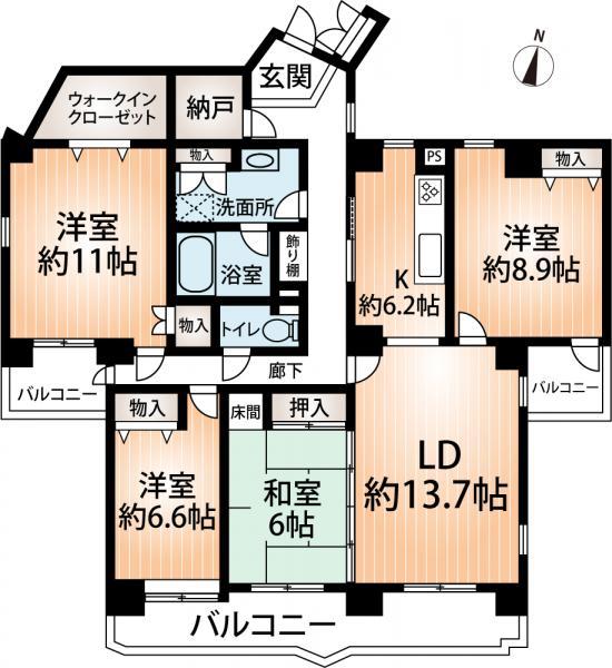 Floor plan. 4LDK, Price 14.8 million yen, Footprint 126.87 sq m , Very large floor plans of the balcony area 20.39 sq m 126 square meters! Wide every single room, It is the comfort space!