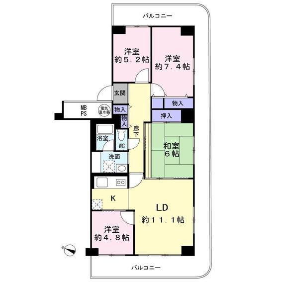Floor plan. 4LDK, Price 7 million yen, Occupied area 85.85 sq m , Balcony area 33.11 sq m