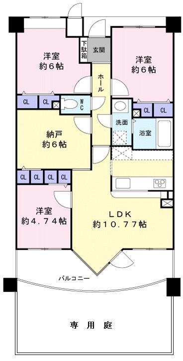 Floor plan. 3LDK + S (storeroom), Price 7.8 million yen, Occupied area 77.98 sq m , Balcony area 12.65 sq m south-facing! It is a floor plan of a private garden. Counter Kitchen!