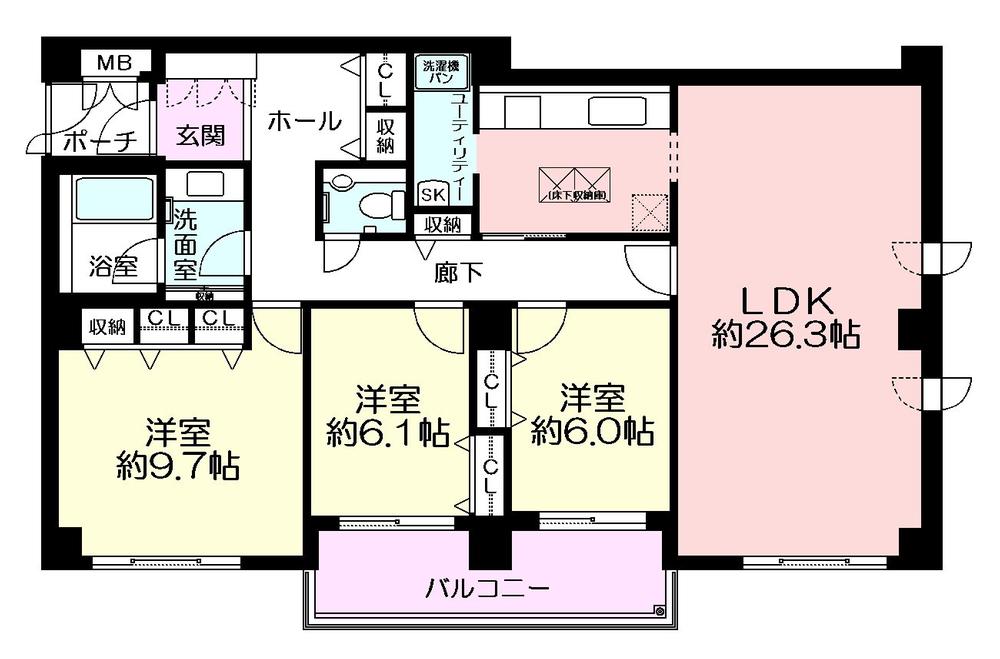 Floor plan. 3LDK, Price 30 million yen, Footprint 114.36 sq m , Balcony area 9.75 sq m