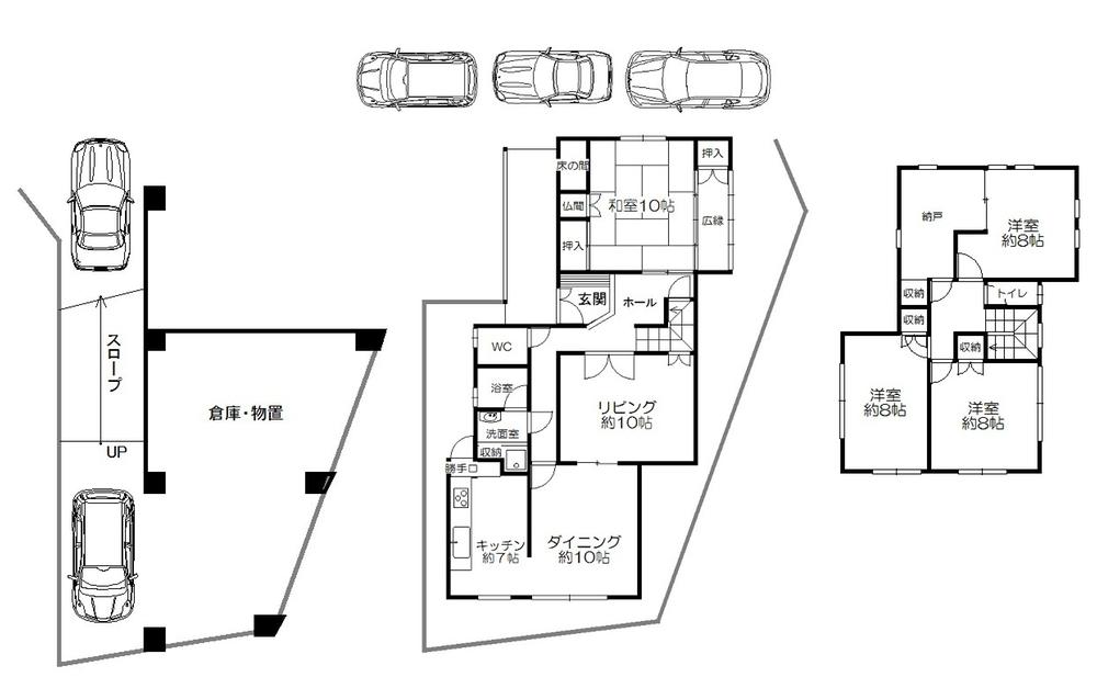 Floor plan. 74,800,000 yen, 4LDK + S (storeroom), Land area 243 sq m , The maximum building area 201.02 sq m 5 cars available parking 4SLDK. Other There is a multi-purpose space in the basement.