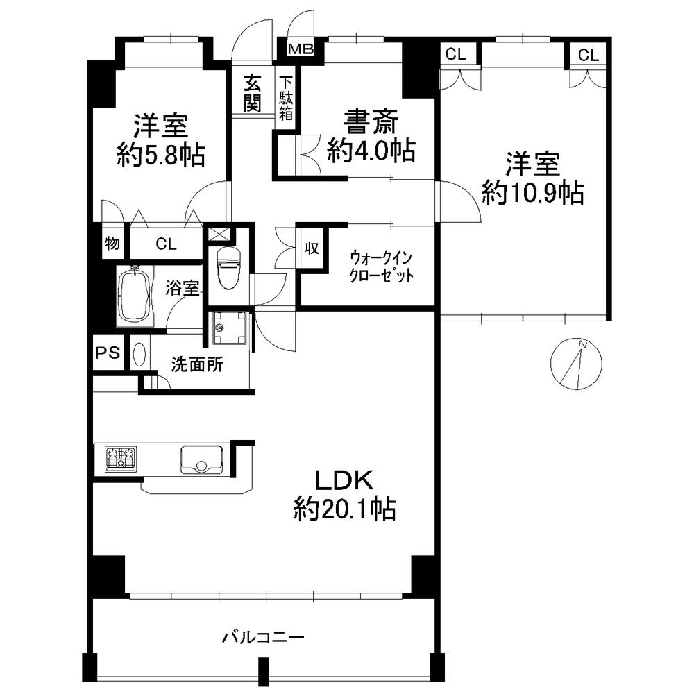 Floor plan. 3LDK, Price 52,800,000 yen, Occupied area 98.56 sq m , Balcony area 10.9 sq m
