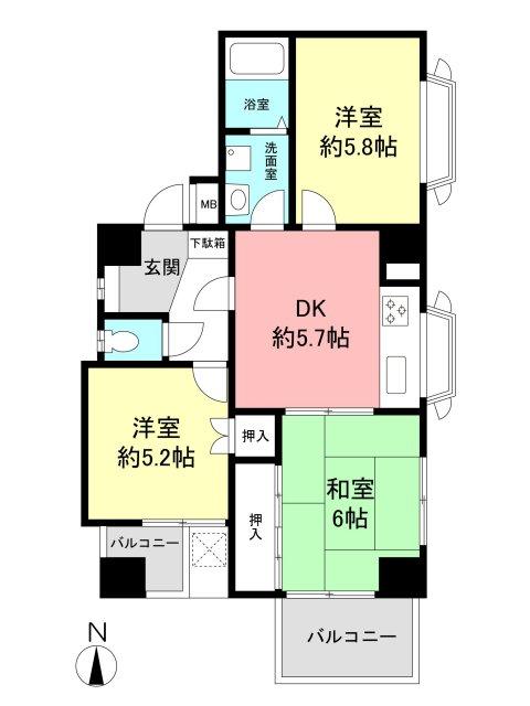 Floor plan. 3DK, Price 19,800,000 yen, Occupied area 55.62 sq m , Balcony area 6.6 sq m