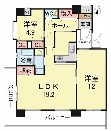 Floor plan. 2LDK, Price 34,900,000 yen, Occupied area 80.89 sq m , Balcony area 22.24 sq m