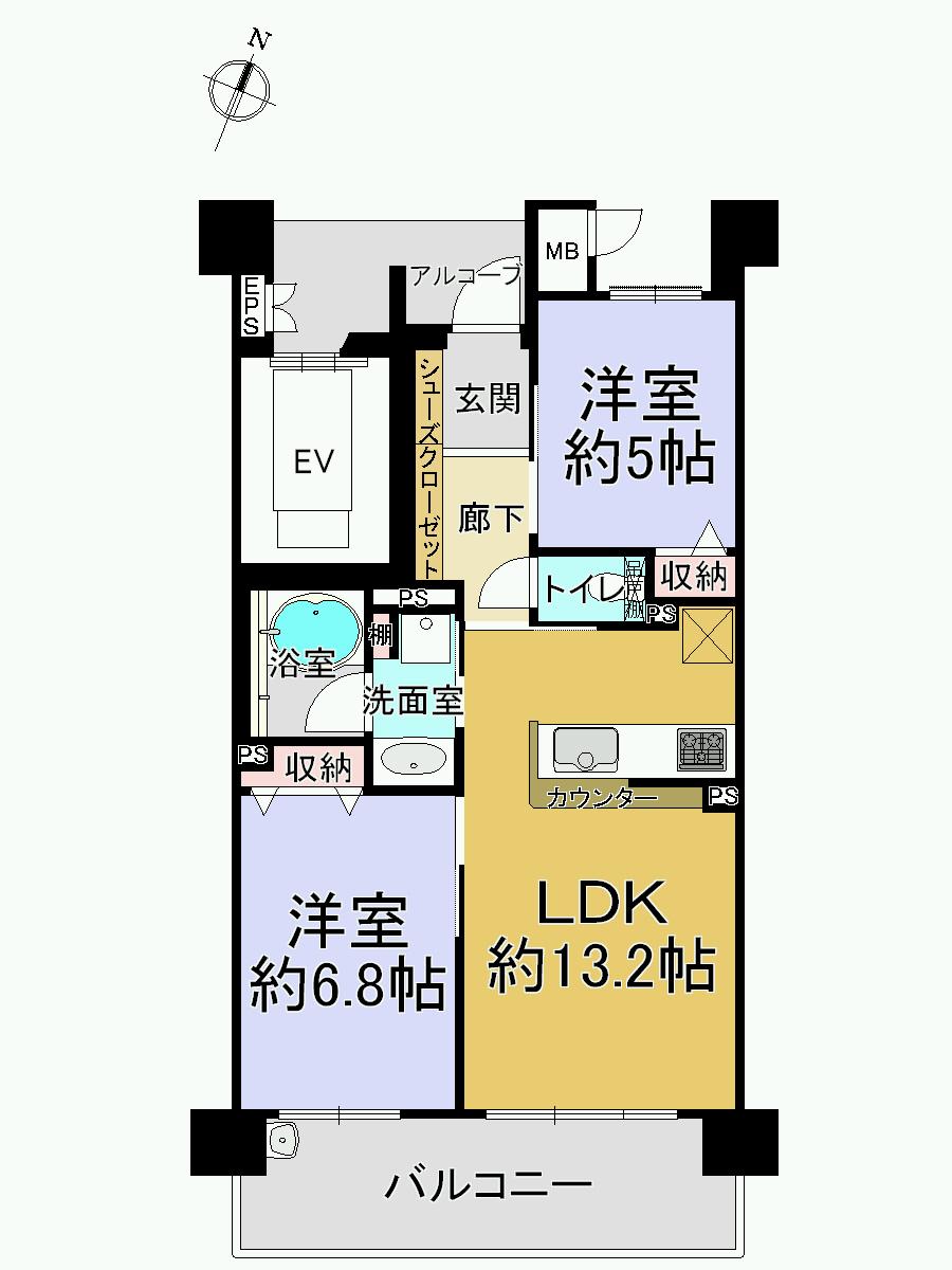 Floor plan. 2LDK, Price 21,800,000 yen, Occupied area 56.35 sq m , Balcony area 11.52 sq m