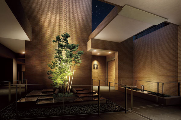 Features of the building.  [courtyard] As comfort continues until the door of the mansion, During the day, natural light, Established a courtyard lighting illuminates the Soyogo night. By corridor-style flow line around the courtyard, The spread of the continuity and the space between the beautiful cityscape of Rokko has been directed (Rendering)