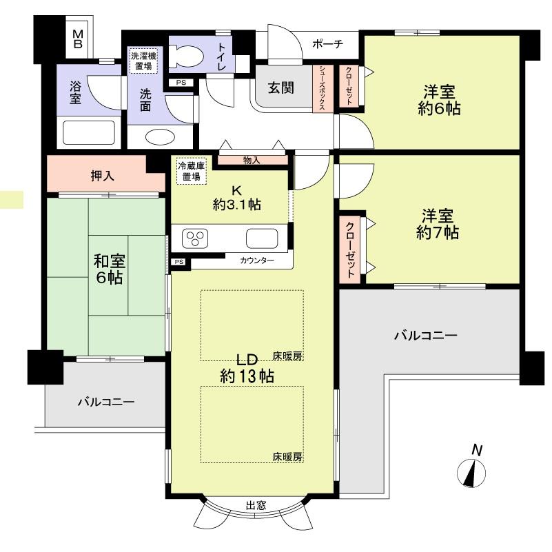 Floor plan. 3LDK, Price 37,800,000 yen, Occupied area 76.46 sq m , Balcony area 15.32 sq m floor plan