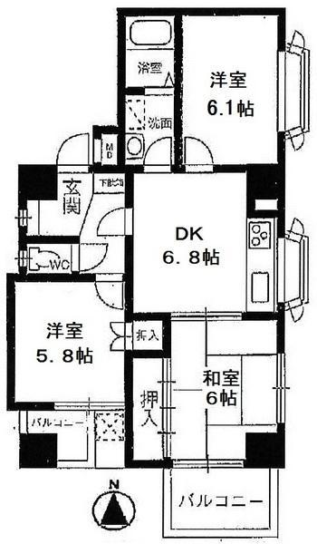 Floor plan. 3DK, Price 19,800,000 yen, Occupied area 55.62 sq m , Balcony area 6.6 sq m