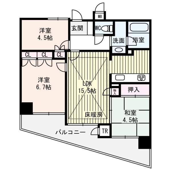 Floor plan. 3LDK, Price 24,800,000 yen, Occupied area 60.46 sq m , Balcony area 12.25 sq m