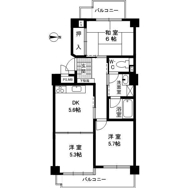 Floor plan. 2LDK, Price 8.5 million yen, Occupied area 54.83 sq m , Balcony area 9.45 sq m