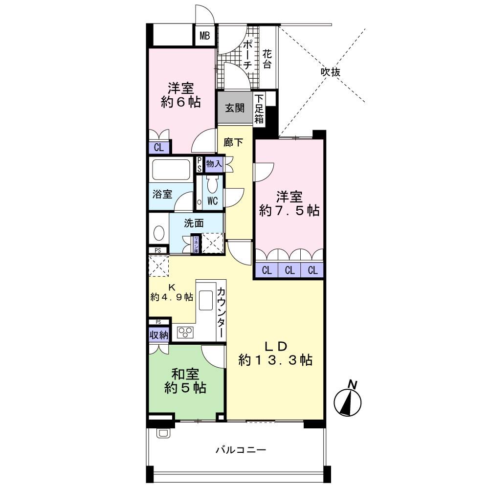 Floor plan. 3LDK, Price 52,800,000 yen, Occupied area 81.02 sq m , Balcony area 13.1 sq m