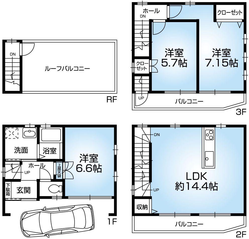 Floor plan. 34,800,000 yen, 3LDK, Land area 45.83 sq m , Building area 79.28 sq m bright all Shitsuminami direction! Spacious roof balcony about 13.36 sq m !