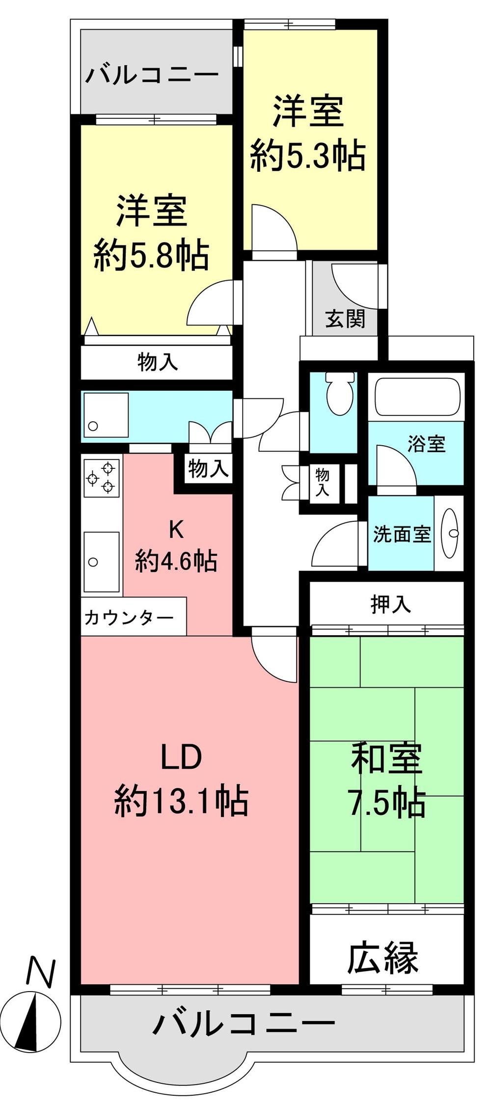 Floor plan. 3LDK, Price 14.5 million yen, Occupied area 90.35 sq m , Balcony area 12.88 sq m
