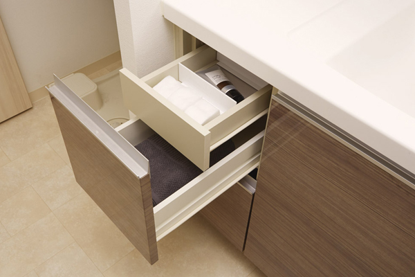 Bathing-wash room.  [Multipurpose space] The drawer storage of the side set up a convenient multi-purpose space (of withdrawal) to organize the cosmetics. Also, Storage under the bowl is adjustable in height of the shelf board (same specifications)