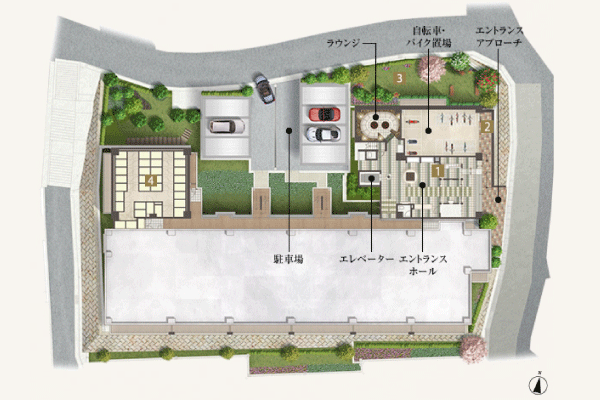 Features of the building.  [Land Plan] Ensure the play lot of about 90 sq m in Seddo part of the way of site northeast side of the foot ribbon. Such as installing a bench to be feel free to sit, You can use as a space of rest. Also, The email corner firmly store home delivery box arrived home delivery products during the absence have been installed (site layout)
