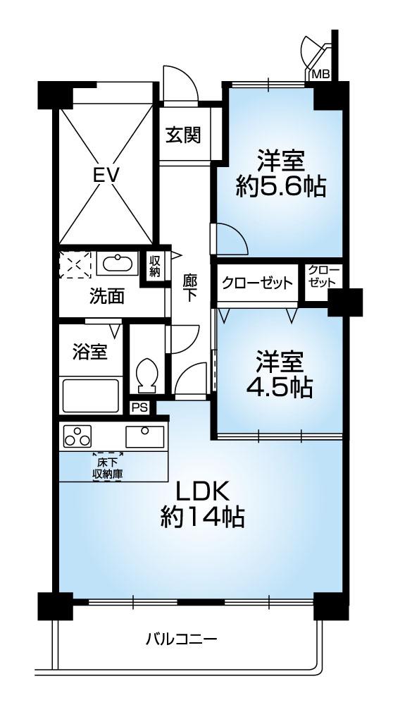 Floor plan. 2LDK, Price 16.5 million yen, Occupied area 57.71 sq m , Balcony area 8.06 sq m bright south-facing balcony!
