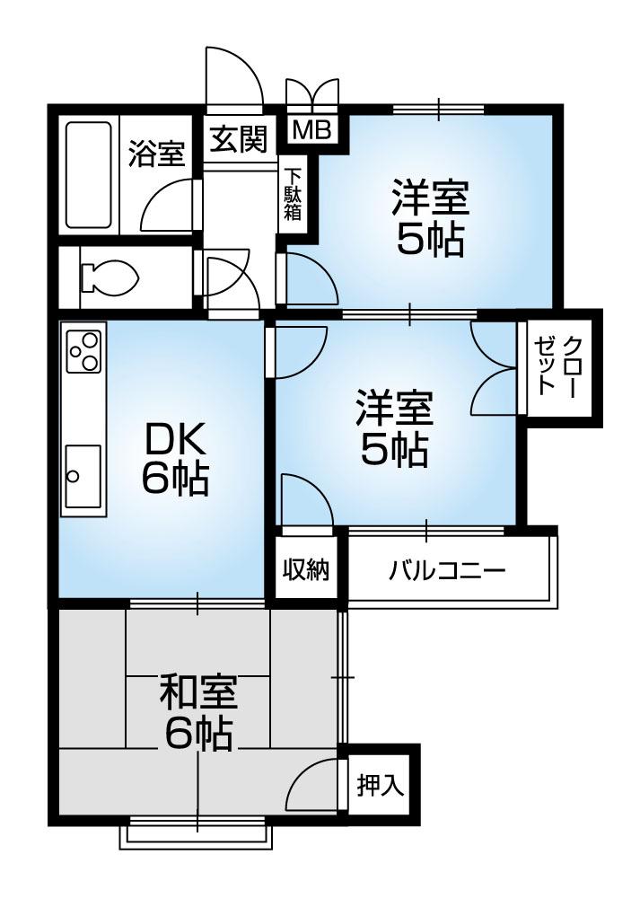 Floor plan. 3DK, Price 10.8 million yen, Occupied area 44.21 sq m , Balcony area 2.32 sq m bright south-west-facing balcony!