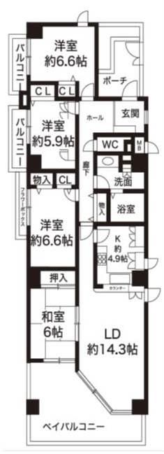 Floor plan. 4LDK, Price 21,800,000 yen, Footprint 100.62 sq m , Balcony area 17.95 sq m