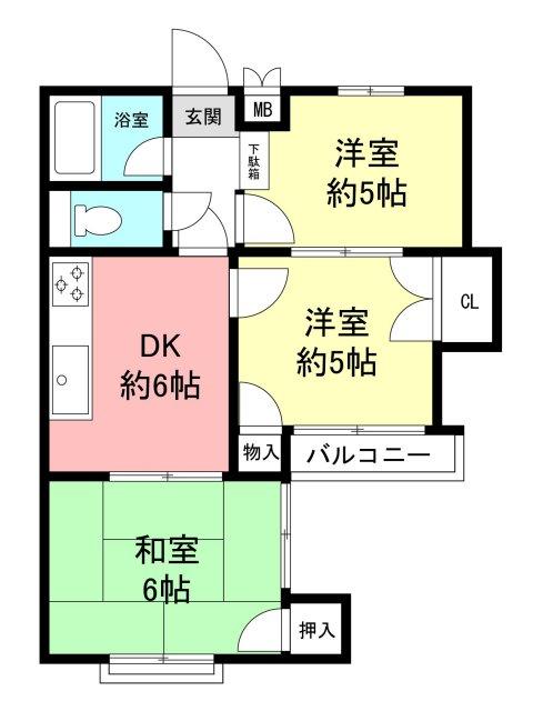 Floor plan. 3DK, Price 10.8 million yen, Occupied area 44.21 sq m , Balcony area 2.32 sq m