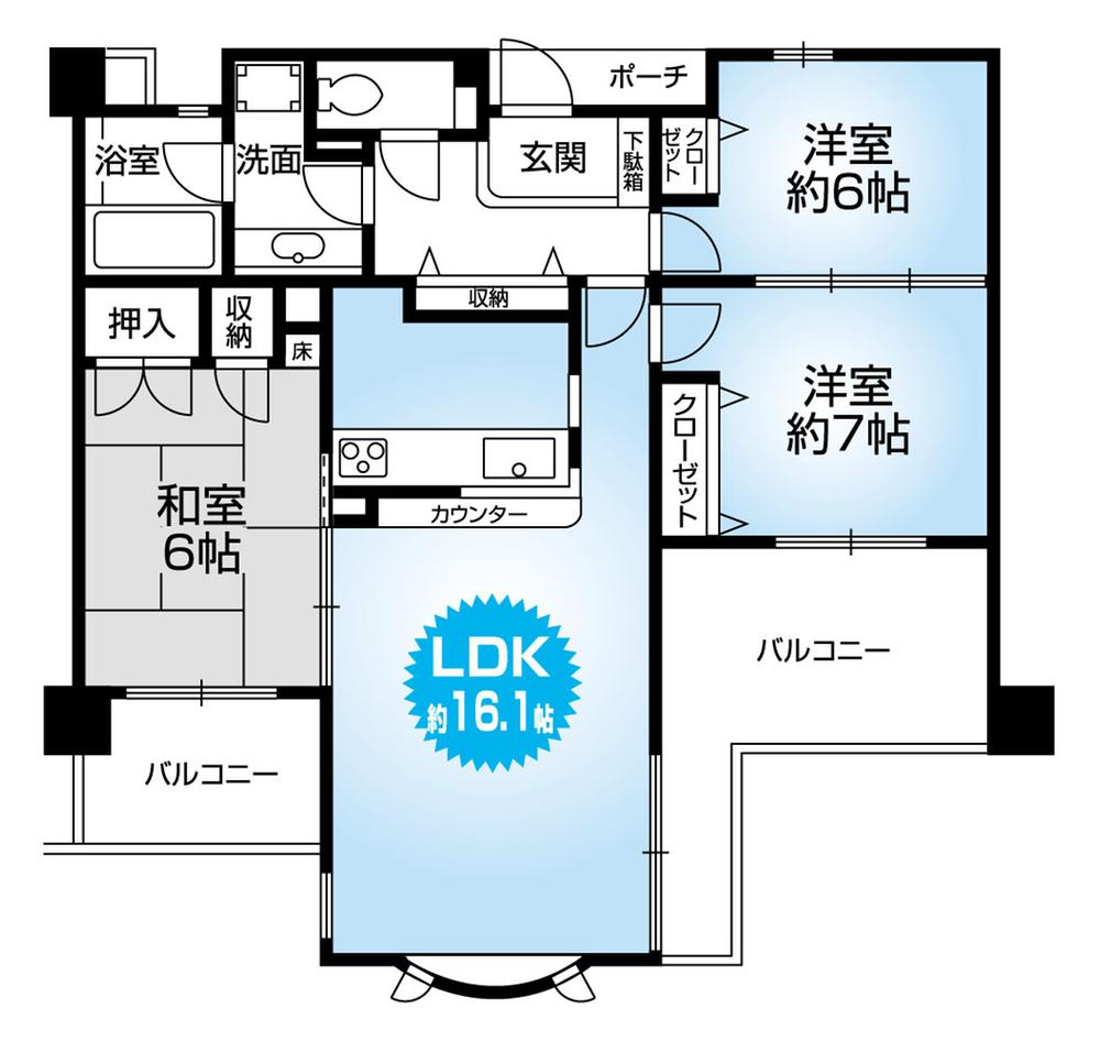 Floor plan. 3LDK, Price 37,800,000 yen, Occupied area 76.46 sq m , Balcony area 15.32 sq m bright south-facing balcony! Each room 6 quires more 3LDK!