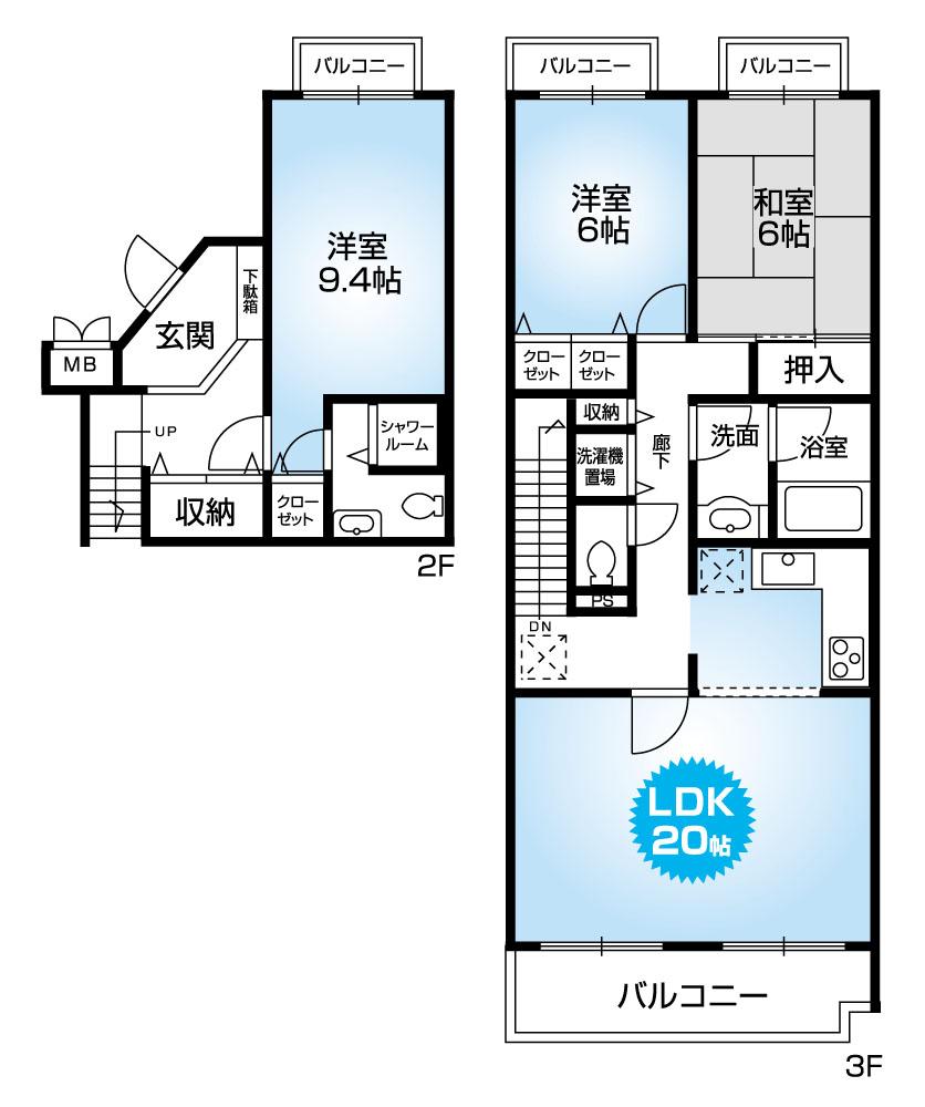 Floor plan. 3LDK, Price 22,800,000 yen, Footprint 107.27 sq m , Balcony area 15.89 sq m popular maisonette! 4LDK floor plans of spacious LDK20 quire clear! Guests preview the same day!