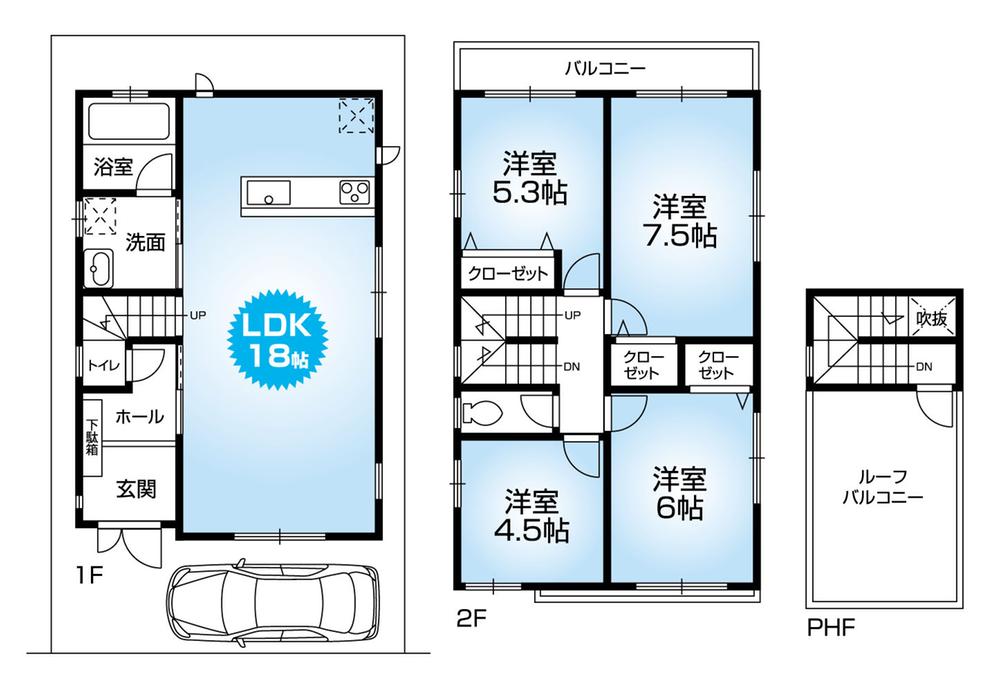 Floor plan. 34,800,000 yen, 4LDK, Land area 83.34 sq m , 4LDK floor plan of the building area 97.7 sq m spacious LDK18 quire clear!  Roof balcony! 