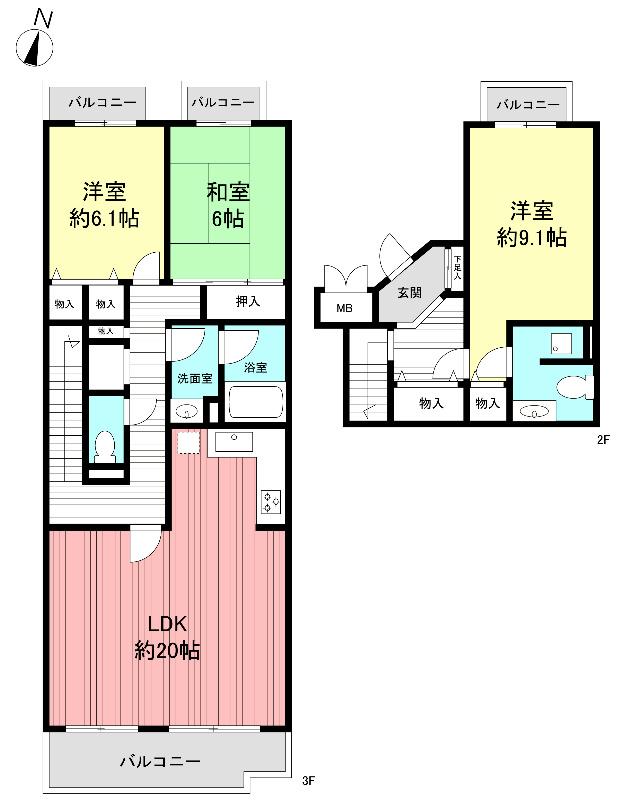 Floor plan. 3LDK, Price 22,800,000 yen, Footprint 107.27 sq m , Balcony area 15.89 sq m