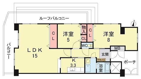 Floor plan. 2LDK, Price 23.8 million yen, Occupied area 74.57 sq m , Balcony area 8.21 sq m
