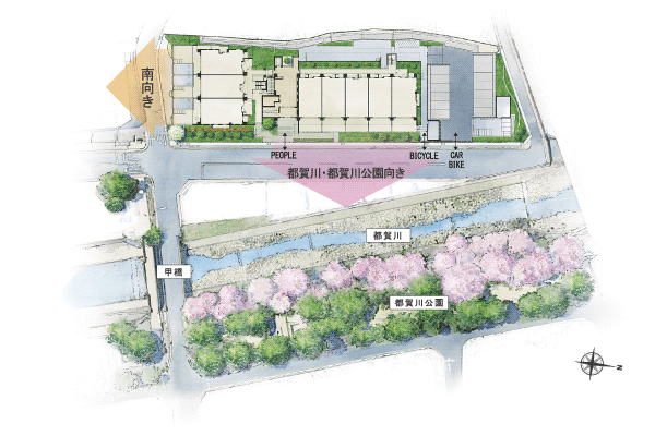 Features of the building.  [Land Plan] High three-way is the independence and openness facing the road site. Juto is, Two buildings construction of east-facing views of the south-facing and the Toga River and park blessed with sunshine. All south-facing ground floor dwelling units of Juto dedicated garden ・ With private parking. Because of the two buildings construction, Ensure excellent corner dwelling unit to independence is also about 47 percent of the total residence. Also placed comfortably planted in the center of the outer periphery, It has also been consideration to moisture a site create an environment (site layout)