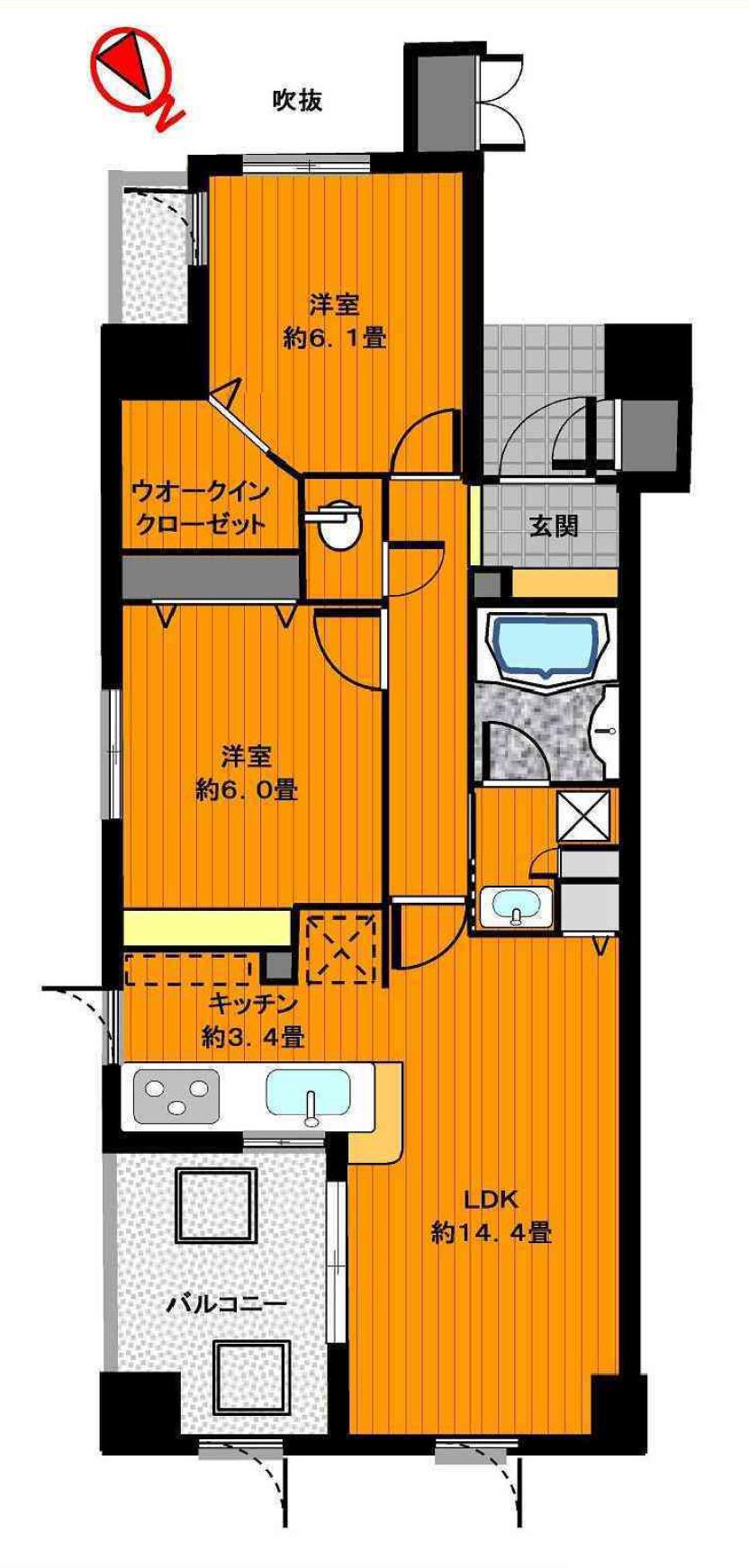 Floor plan. 2LDK, Price 18,800,000 yen, Occupied area 63.42 sq m , Balcony area 6.97 sq m