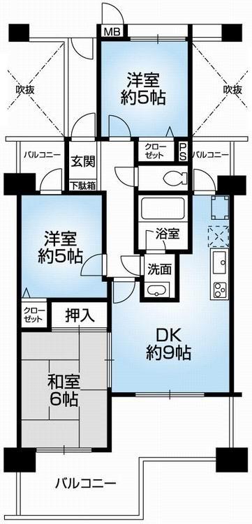 Floor plan. 3DK, Price 5.2 million yen, Occupied area 57.28 sq m , Balcony area 17.68 sq m Mato (3DK). 2013 July renovation completed. Yang This good at MinamiMuko. All rooms with balcony.