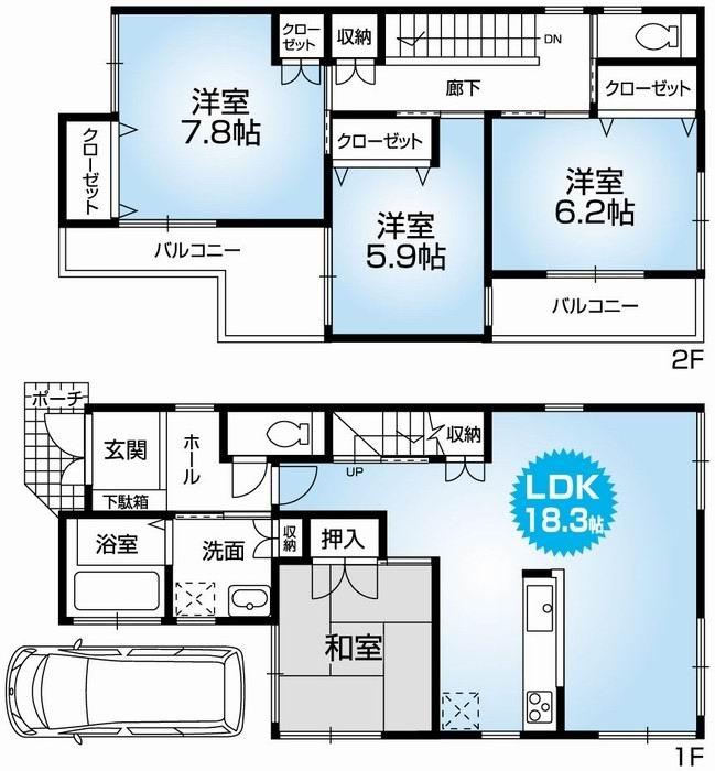 Floor plan. 19.9 million yen, 4LDK, Land area 102.75 sq m , Building area 103.44 sq m Mato (4LDK). Newly built one detached houses with car port. A quiet residential area. Daylighting good at ZenshitsuminamiMuko. Loose Pledge LDK18.3. 