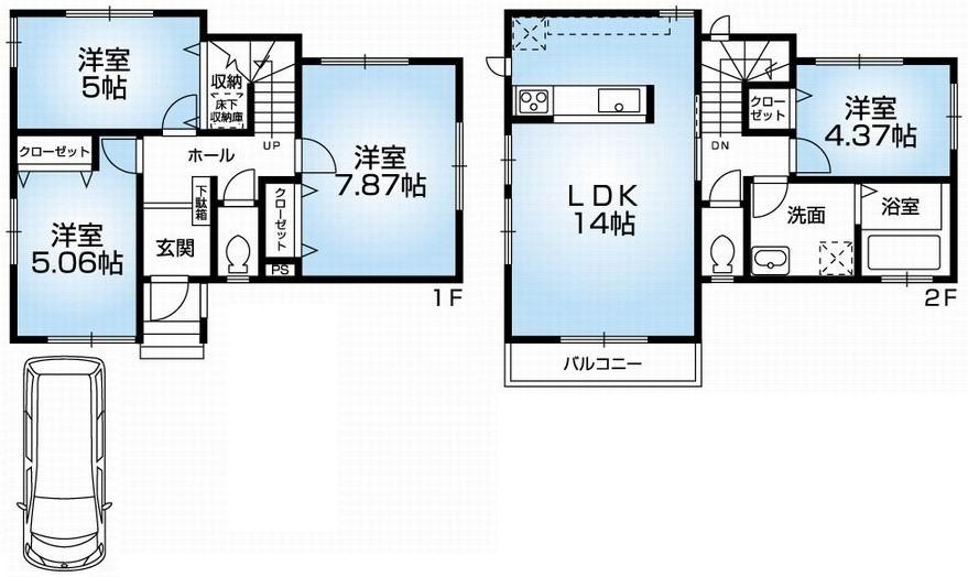 Floor plan. 32,800,000 yen, 4LDK, Land area 92.21 sq m , Building area 87.15 sq m Mato (4LDK). Site 27 square meters ・ Newly built one detached houses with car port. Flat 35S ・ Housing Performance Display correspondence. MinamiMuko.