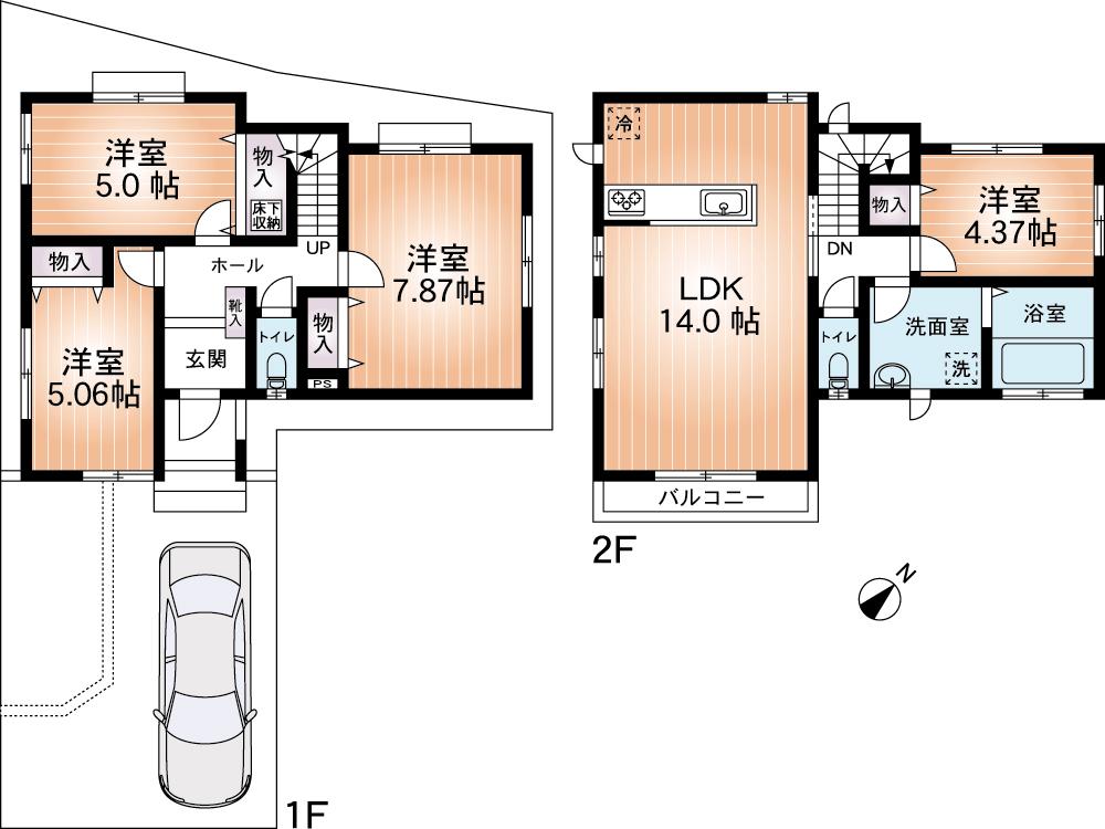 Floor plan. (Building 2), Price 32,800,000 yen, 4LDK, Land area 92.21 sq m , Building area 87.15 sq m