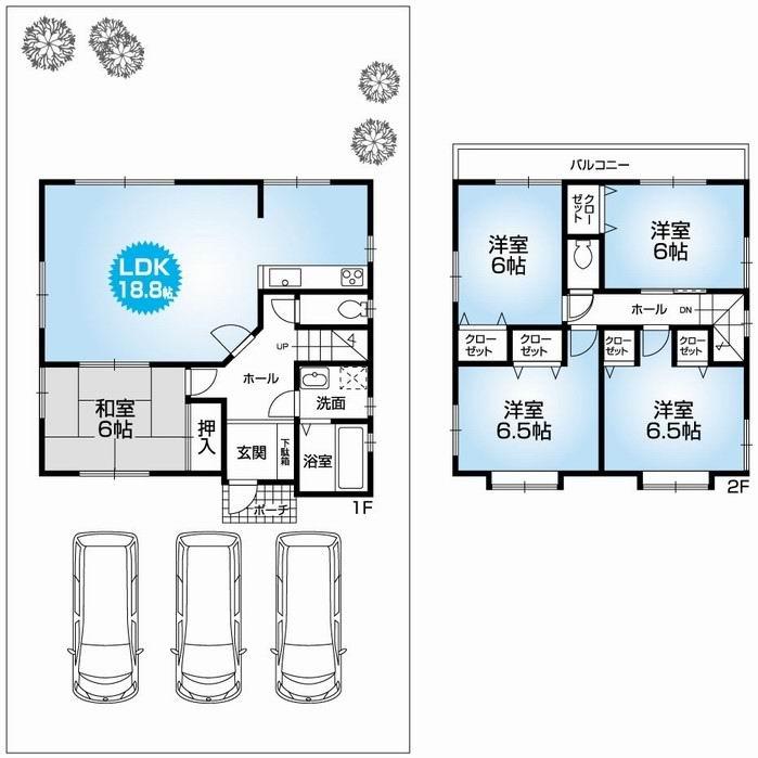 Floor plan. 27,900,000 yen, 5LDK, Land area 139.39 sq m , Building area 110.16 sq m Mato (4LDK). Site 42 square meters ・ Carport with three newly built one detached. Quiet living environment. Nantei Yu Sunny. 