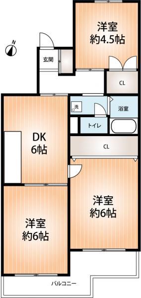Floor plan. 3DK, Price 6.8 million yen, Footprint 45.4 sq m