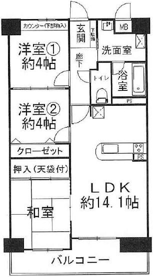 Floor plan. 3LDK, Price 8.9 million yen, Occupied area 64.21 sq m , Balcony area 10.12 sq m