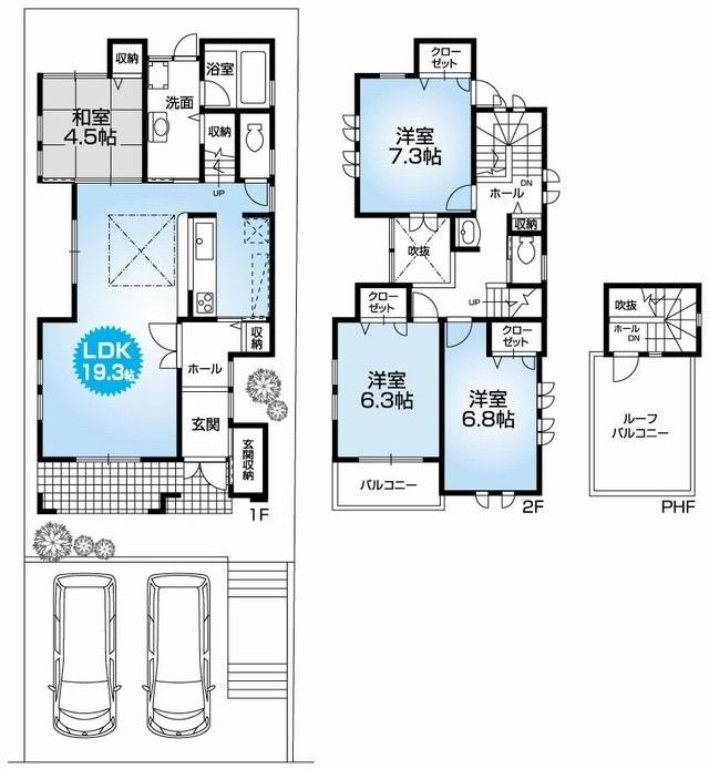 Floor plan. 29,800,000 yen, 4LDK, Land area 136.51 sq m , Building area 111.1 sq m Mato (4LDK). Site 41 square meters ・ Two garage ・ Newly built one detached houses with rooftop roof balcony. Nantei ・ Fukinuki with 4LDK. Seismic Grade 3 acquisition. 