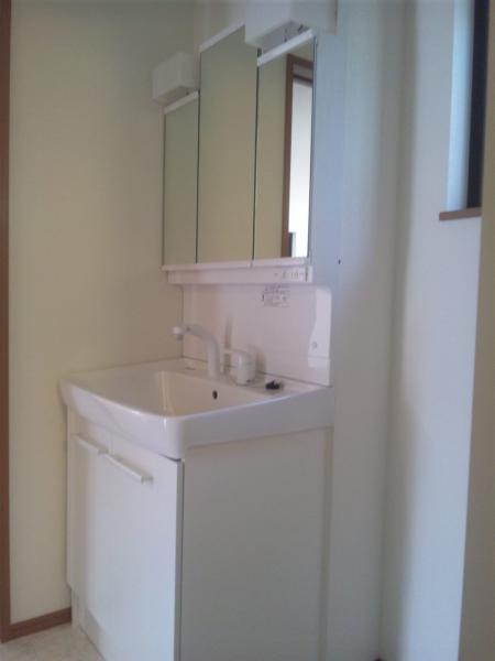 Wash basin, toilet. It is vanity unit of simple style. 