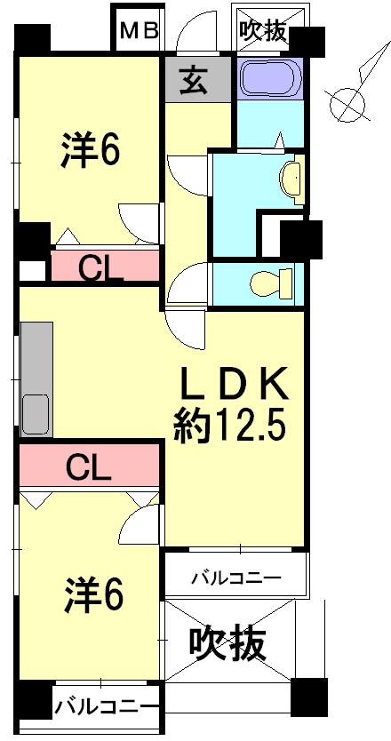 Floor plan. 2LDK, Price 12.5 million yen, Occupied area 59.59 sq m , Balcony area 5 sq m