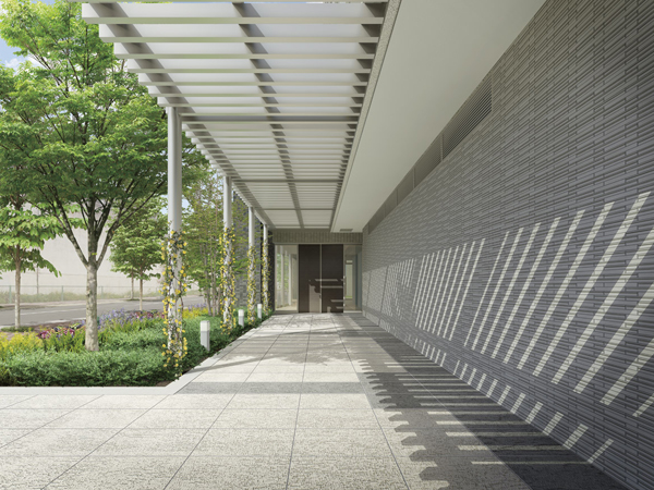 Features of the building.  [Welcome approach] Colored by flowers of the four seasons, Welcome approach refreshing breeze blows through. Wall tile strike a sense of quality, Invites those who live the floor tiles to be wrapped in a gentle light into the private space (Rendering)