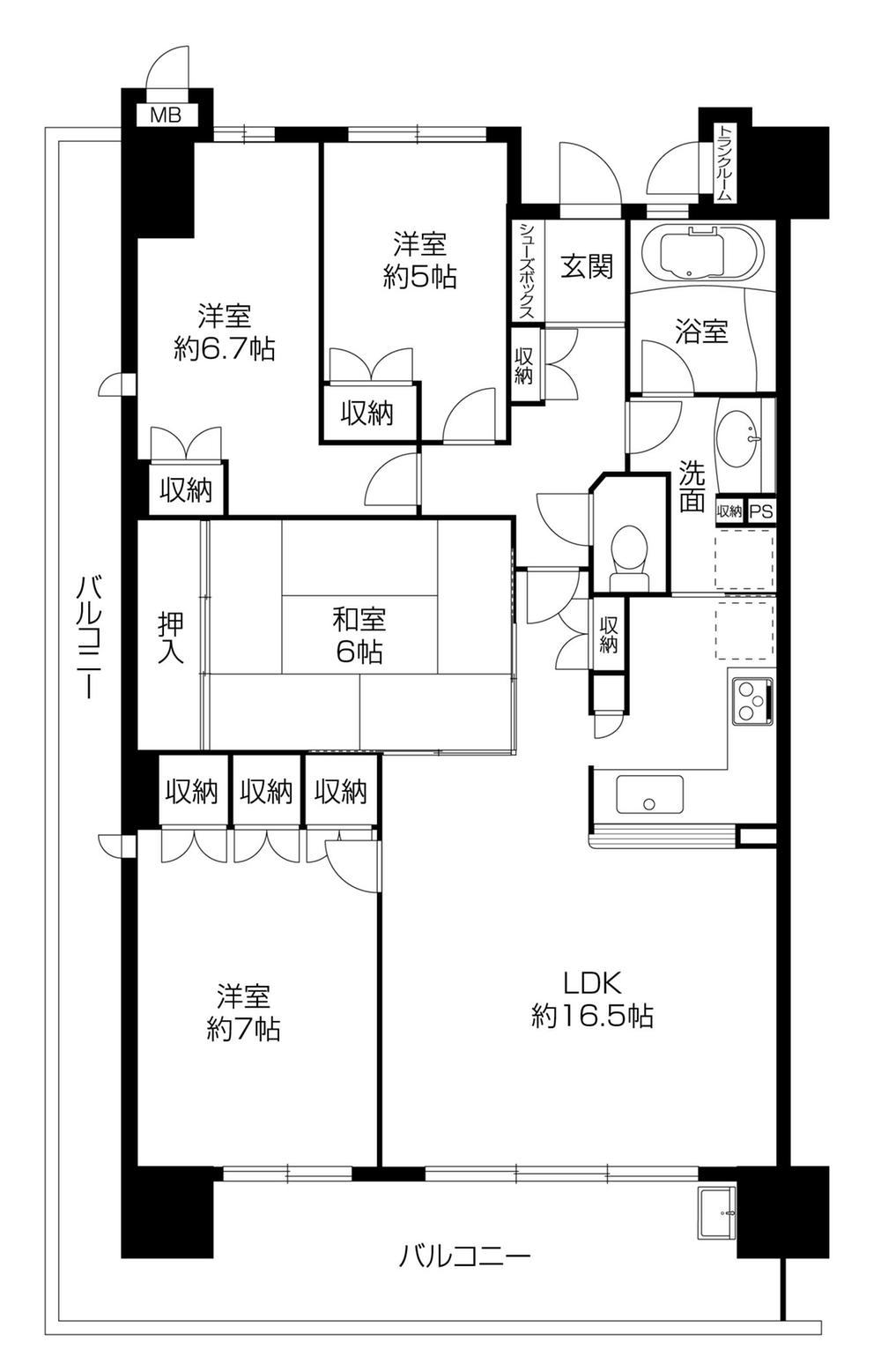 Floor plan. 4LDK, Price 29,800,000 yen, Footprint 92.1 sq m , Balcony area 28.31 sq m 4LDK is rare