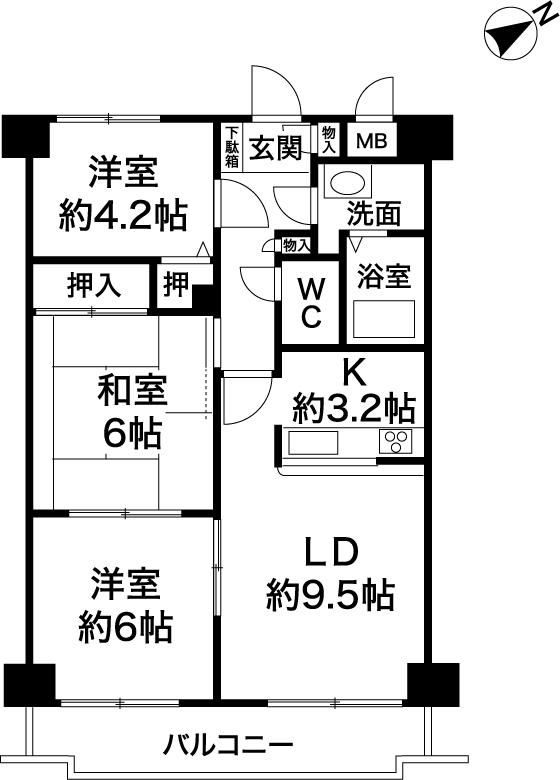 Floor plan. 3LDK, Price 5.4 million yen, Footprint 63 sq m , Balcony area 8.95 sq m