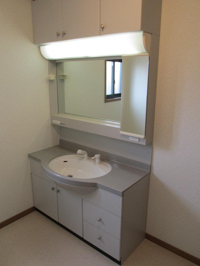 Wash basin, toilet. There is a large basin counter