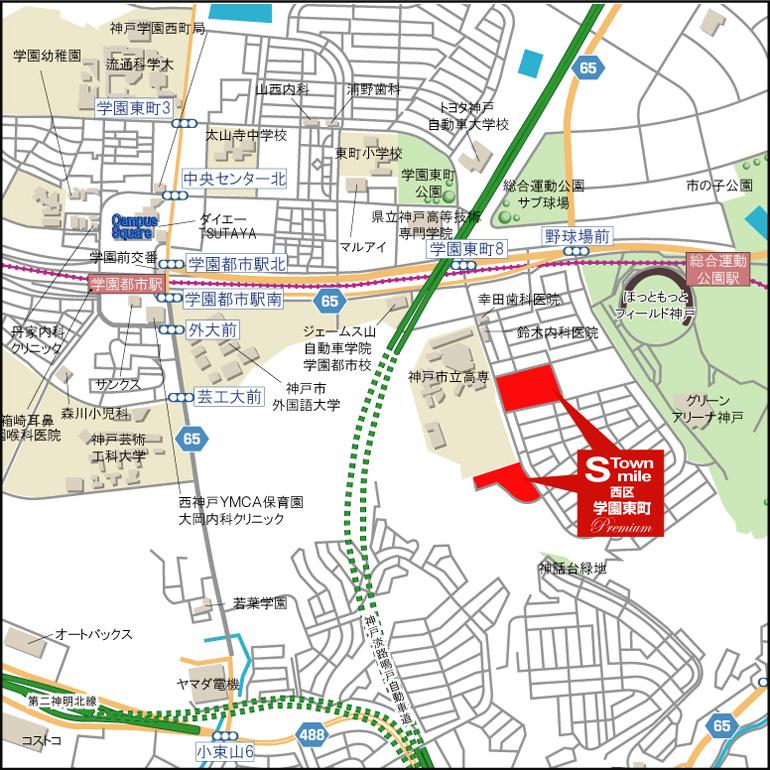 Local guide map. A 10-minute walk from the Kobe Municipal Subway "Sports Park Station"