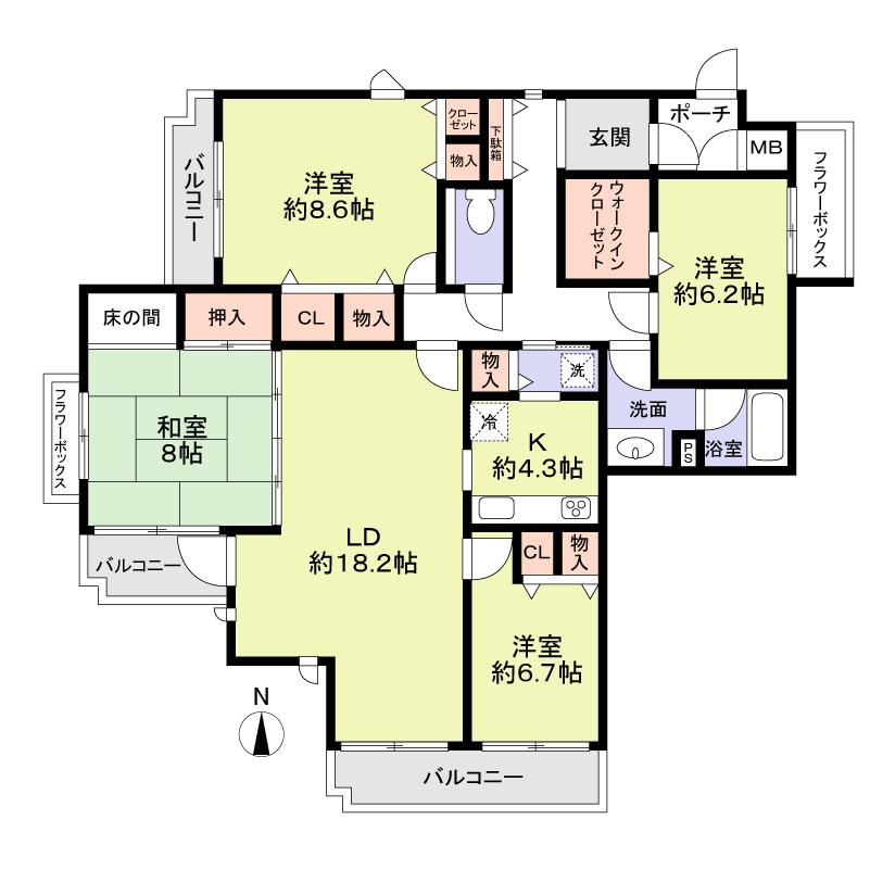 Floor plan. 4LDK, Price 20.8 million yen, The area occupied 121.5 sq m , Balcony area 13.45 sq m