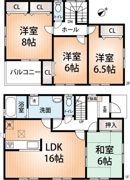 Floor plan. 20.8 million yen, 4LDK, Land area 206.07 sq m , Building area 104.33 sq m each room 6 quires more. Also equipped with a walk-in closet