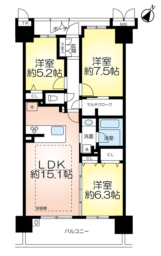 Floor plan. 3LDK, Price 26,800,000 yen, Occupied area 74.34 sq m , Balcony area 4.24 sq m