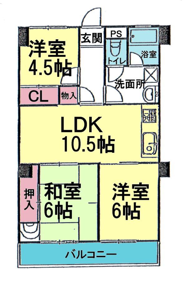 Floor plan. 3LDK, Price 5.9 million yen, Occupied area 64.25 sq m , Balcony area 7.68 sq m